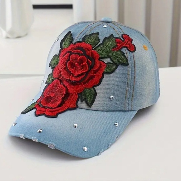 Jolie Accessories - Denim Baseball Cap with Embroidered Peony and Rhinestone
